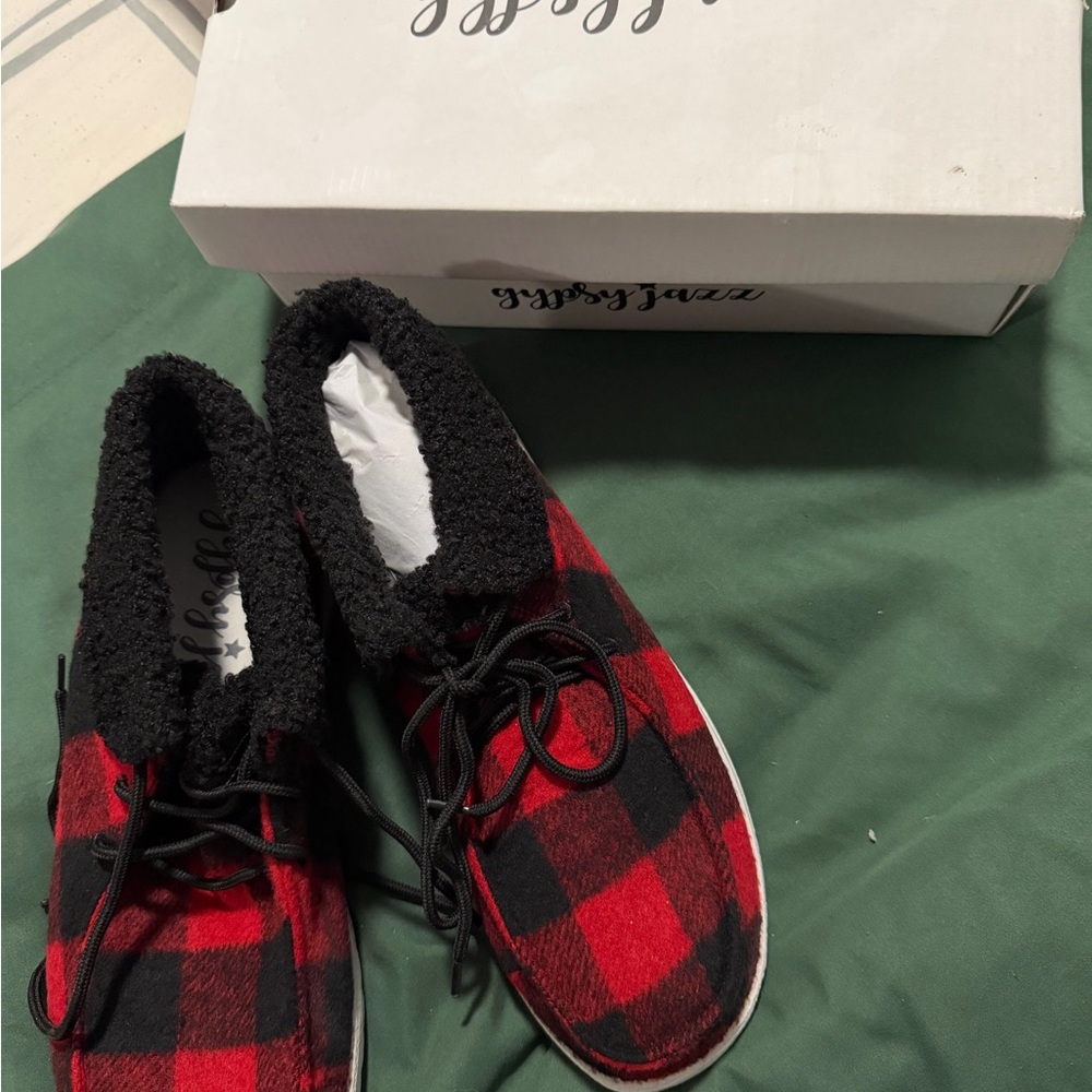 Gypsy Jazz Red and Black Plaid Flats